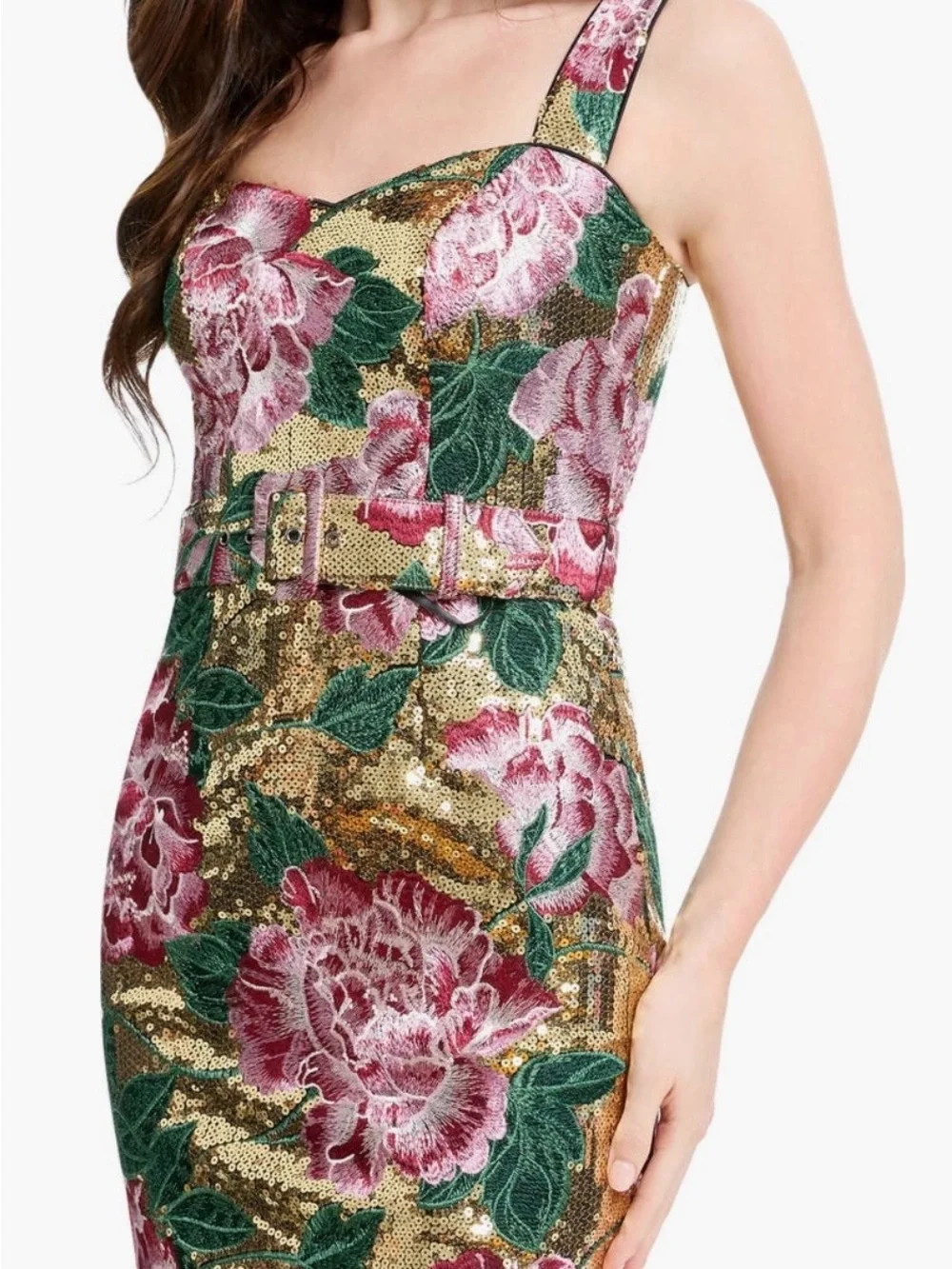 Dress the Population Nicole Sequin Floral Embroidered Cocktail Midi Dress